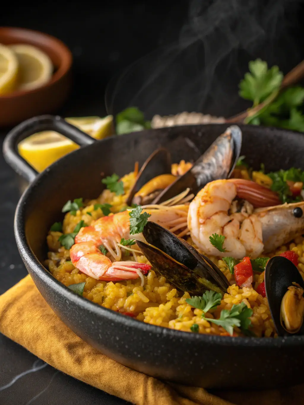 A perfectly plated dish of Copero's signature seafood paella, showcasing vibrant colors and fresh ingredients, presented in a warm, inviting light.